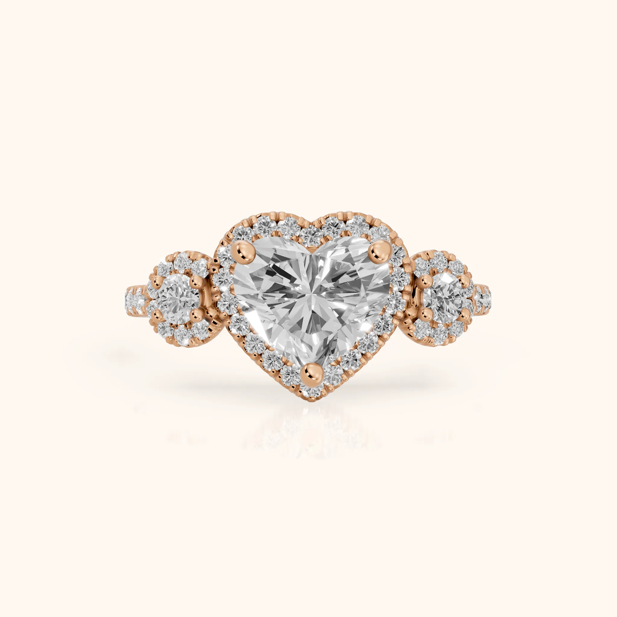 Denver Three-Stone Halo Heart Diamond Engagement Ring in Rose Gold — view 1
