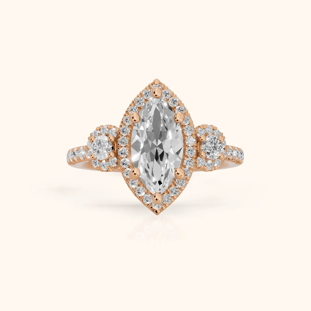 Denver Three-Stone Halo Marquise Diamond Engagement Ring in Rose Gold — view 2