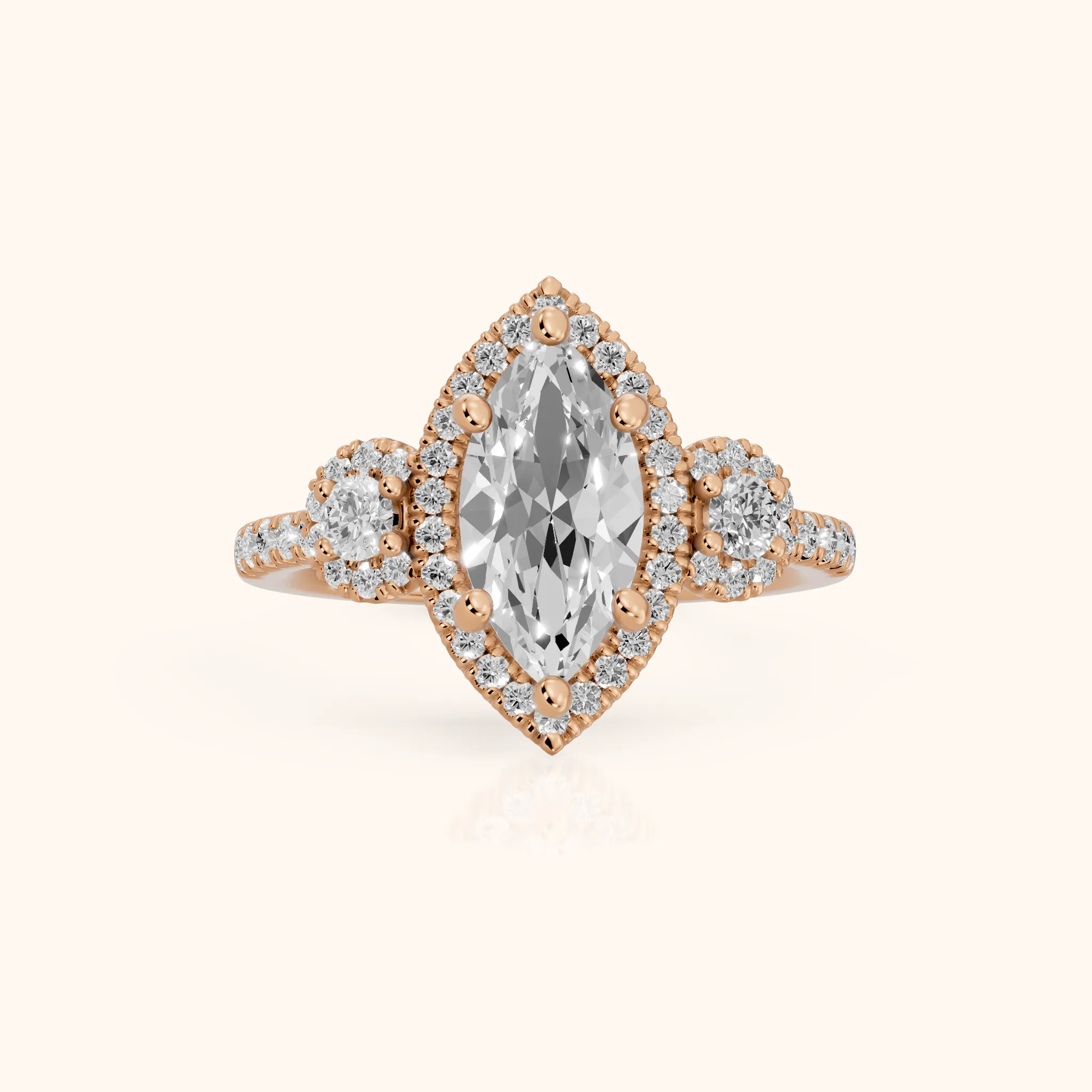 Denver Three-Stone Halo Marquise Diamond Engagement Ring in Rose Gold — view 1