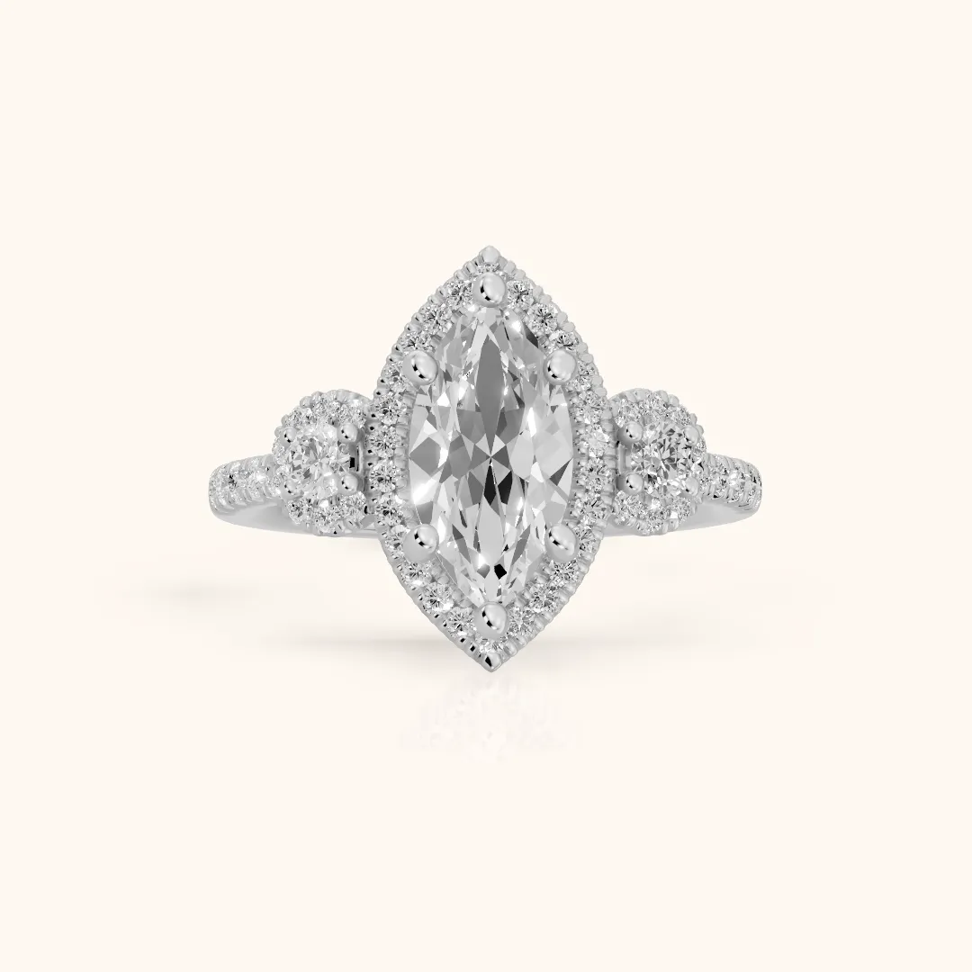 Denver Three-Stone Halo Marquise Diamond Engagement Ring in Silver — view 2