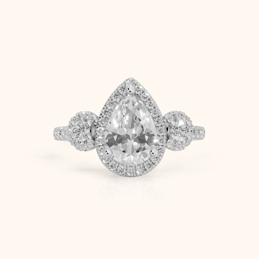 Denver Three-Stone Halo Pear Diamond Engagement Ring in White Gold — view 2