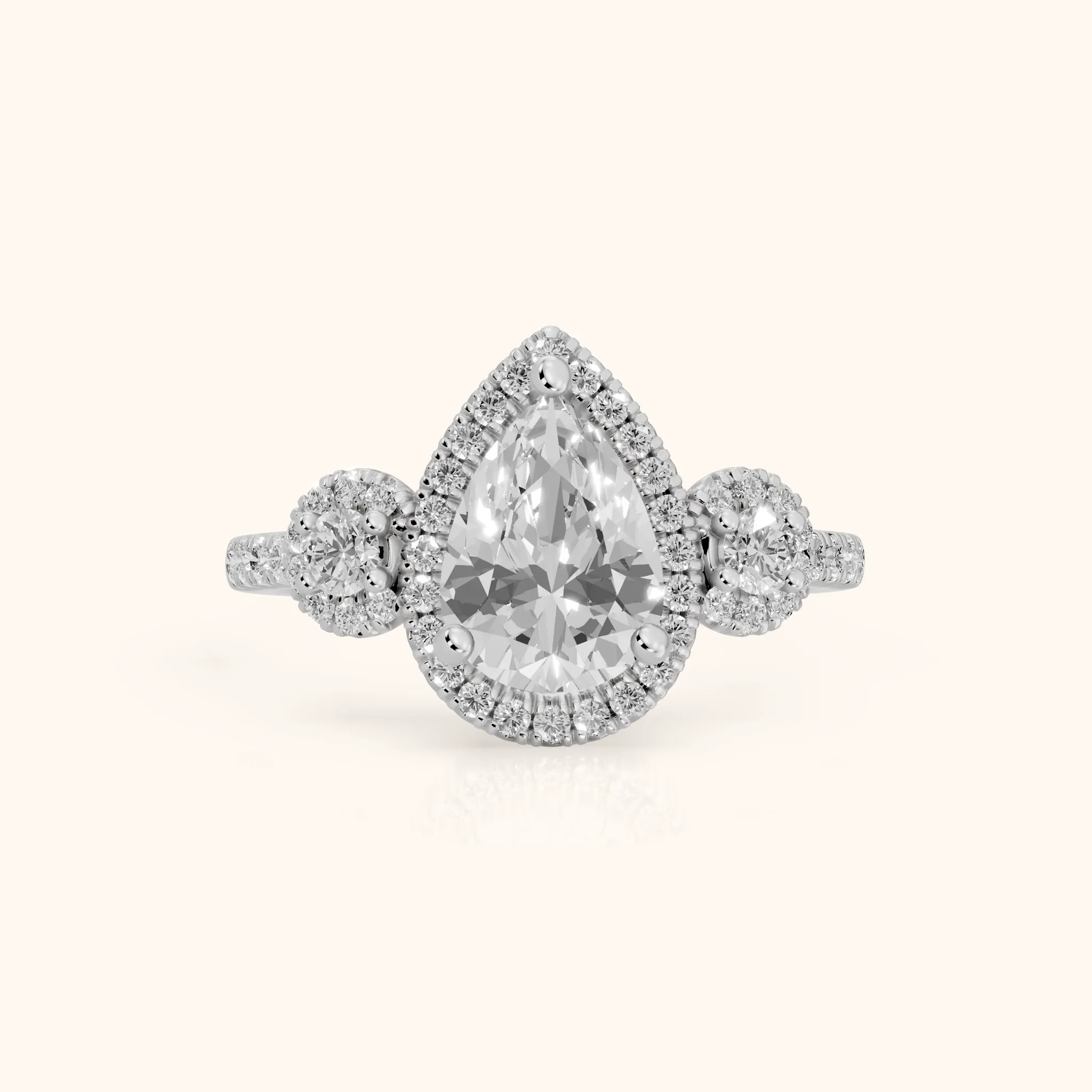 Denver Three-Stone Halo Pear Diamond Engagement Ring in White Gold — view 1