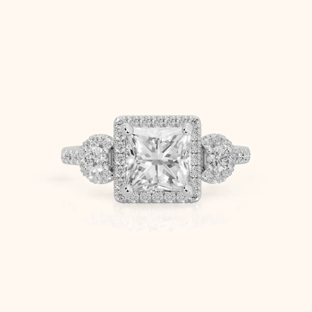 Denver Three-Stone Halo Princess Diamond Engagement Ring in Platinum — view 2