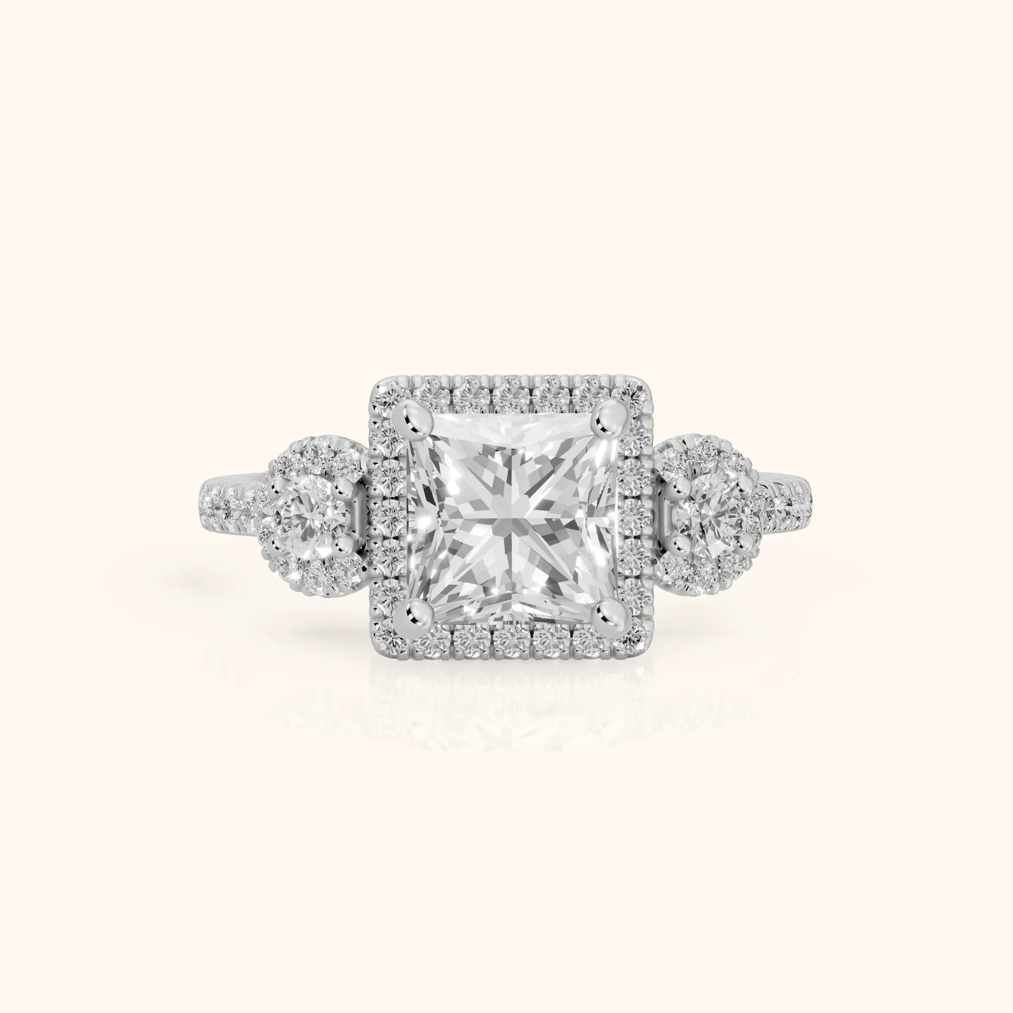 Denver Three-Stone Halo Princess Diamond Engagement Ring in Platinum — view 1