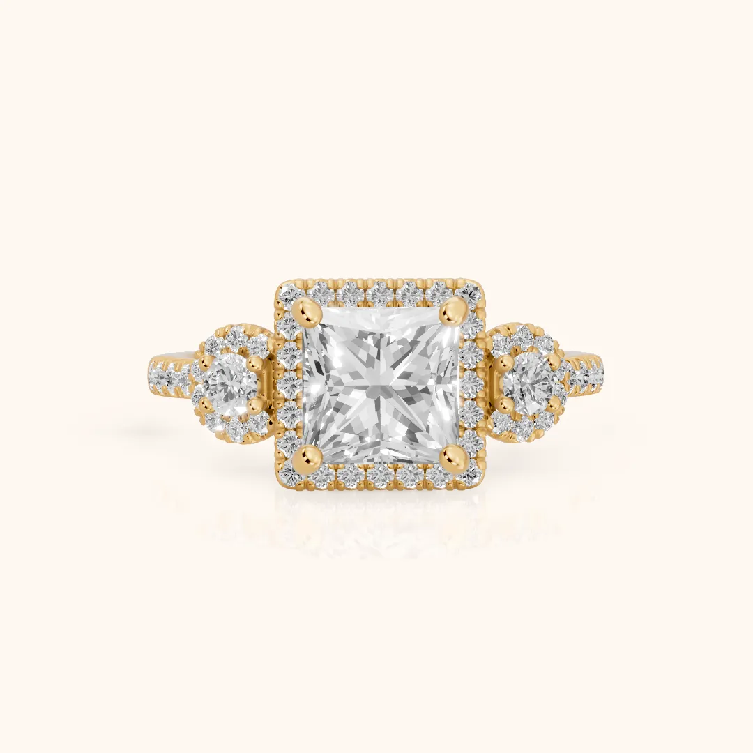 Denver Three-Stone Halo Princess Diamond Engagement Ring in Yellow Gold — view 2