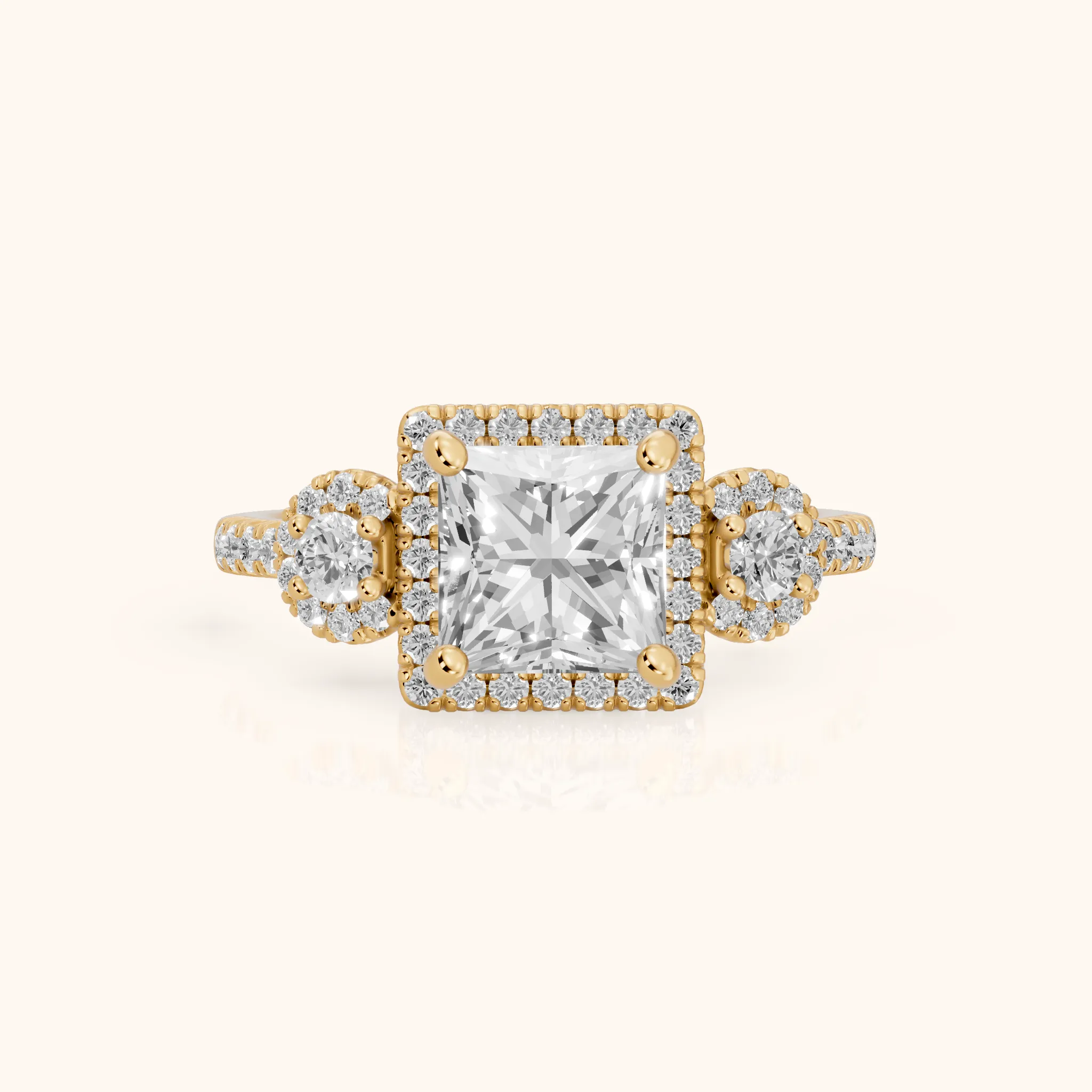 Denver Three-Stone Halo Princess Diamond Engagement Ring in Yellow Gold — view 1