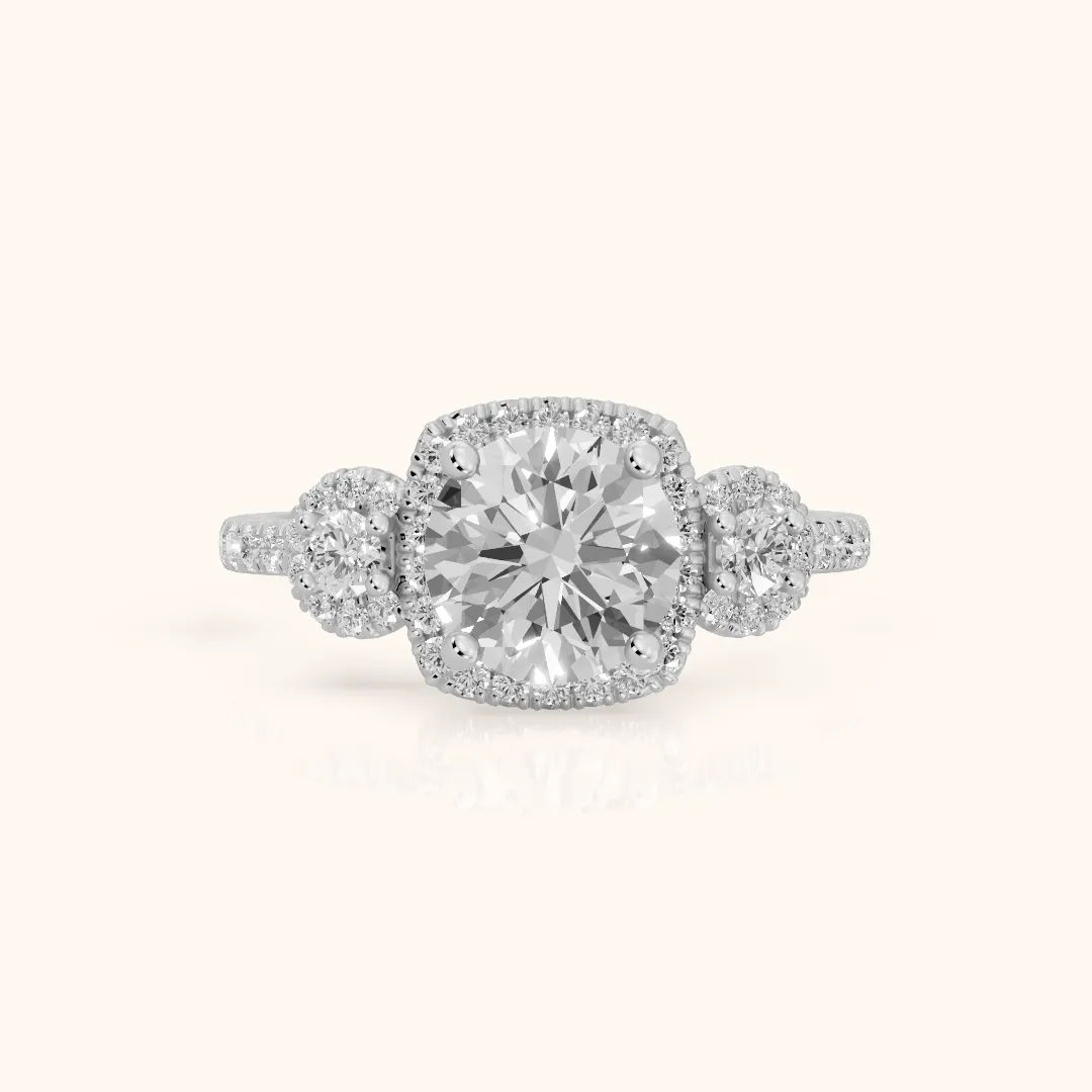 Denver Three-Stone Halo Round Diamond Engagement Ring in Platinum — view 2