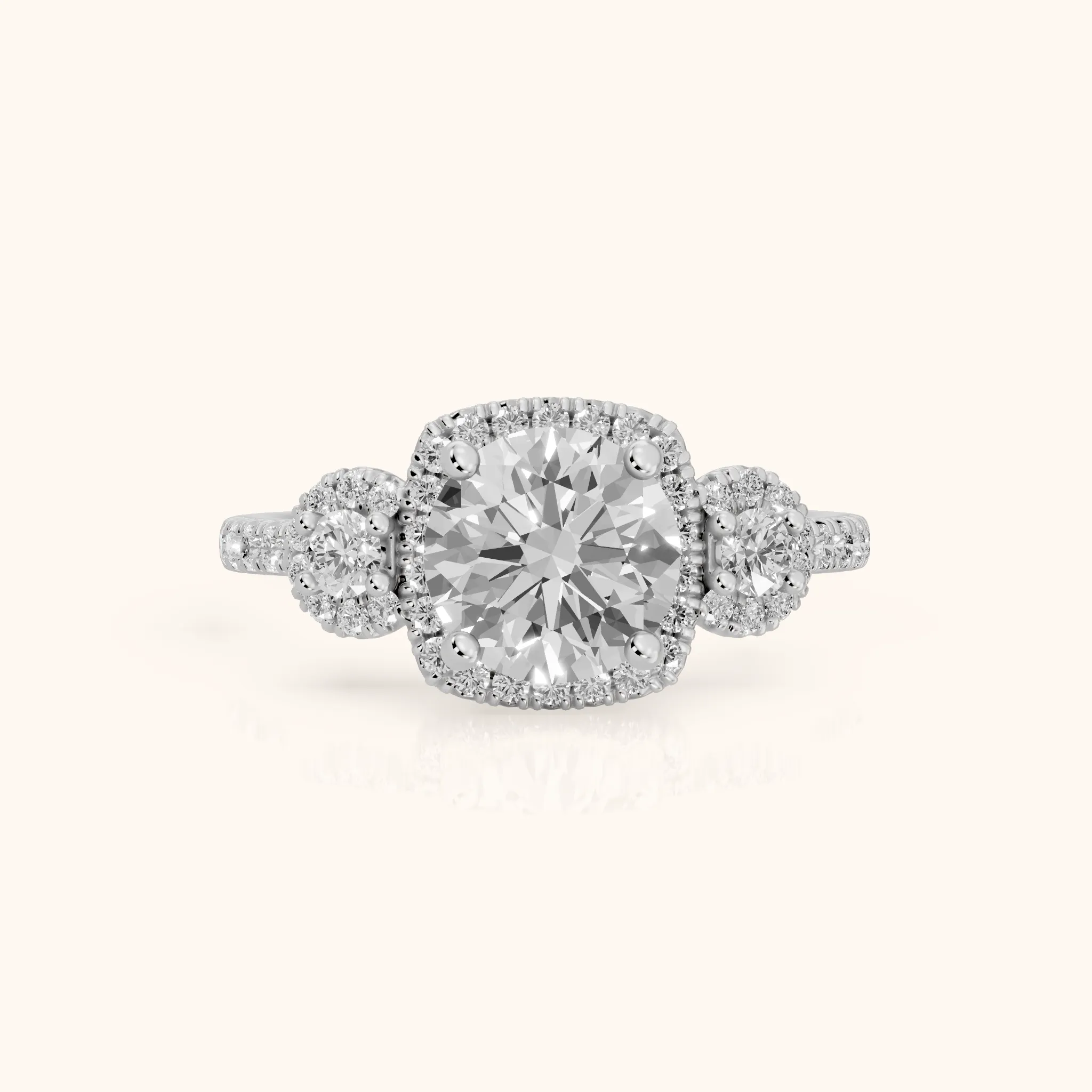 Denver Three-Stone Halo Round Diamond Engagement Ring in Platinum — view 1
