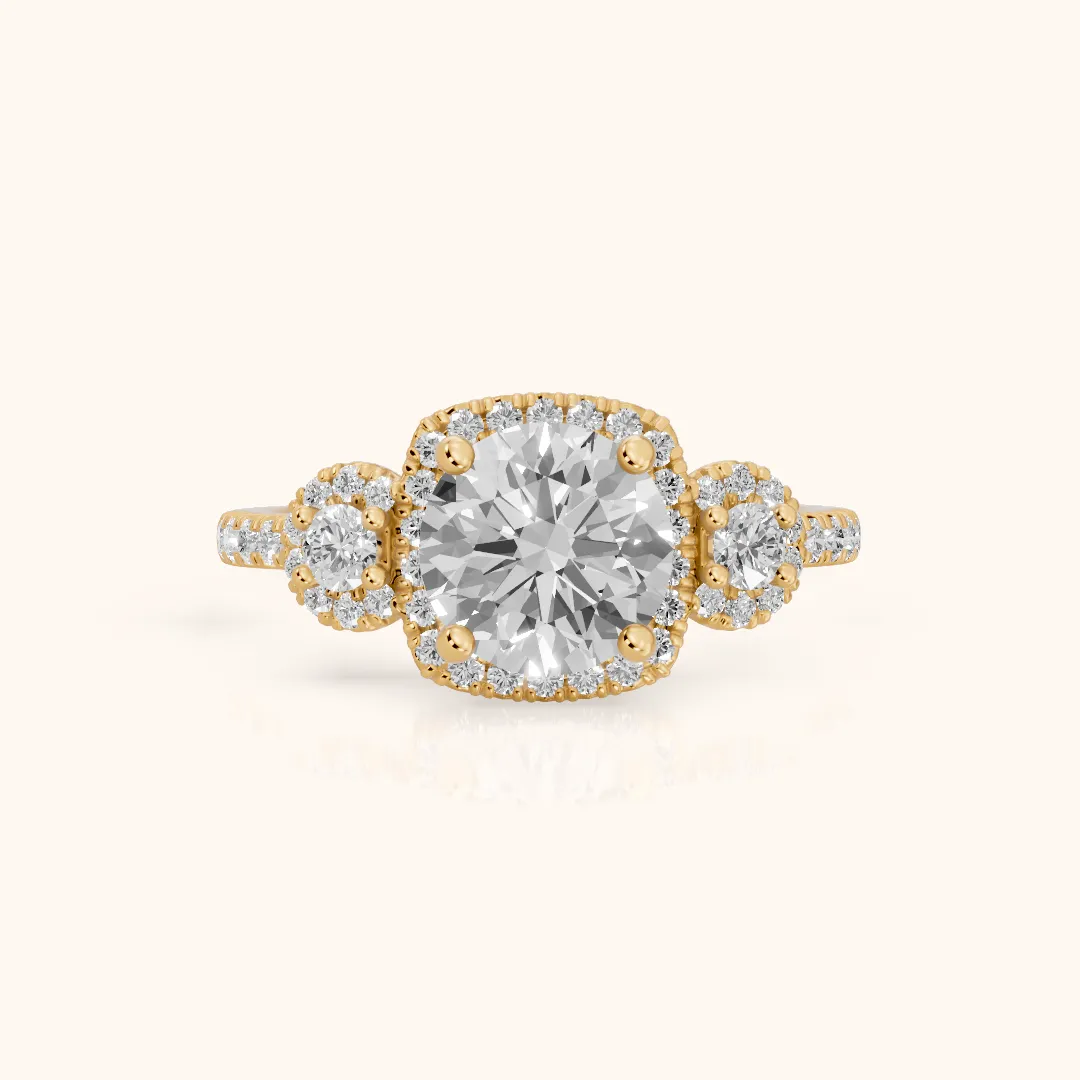 Denver Three-Stone Halo Round Diamond Engagement Ring in Yellow Gold — view 2
