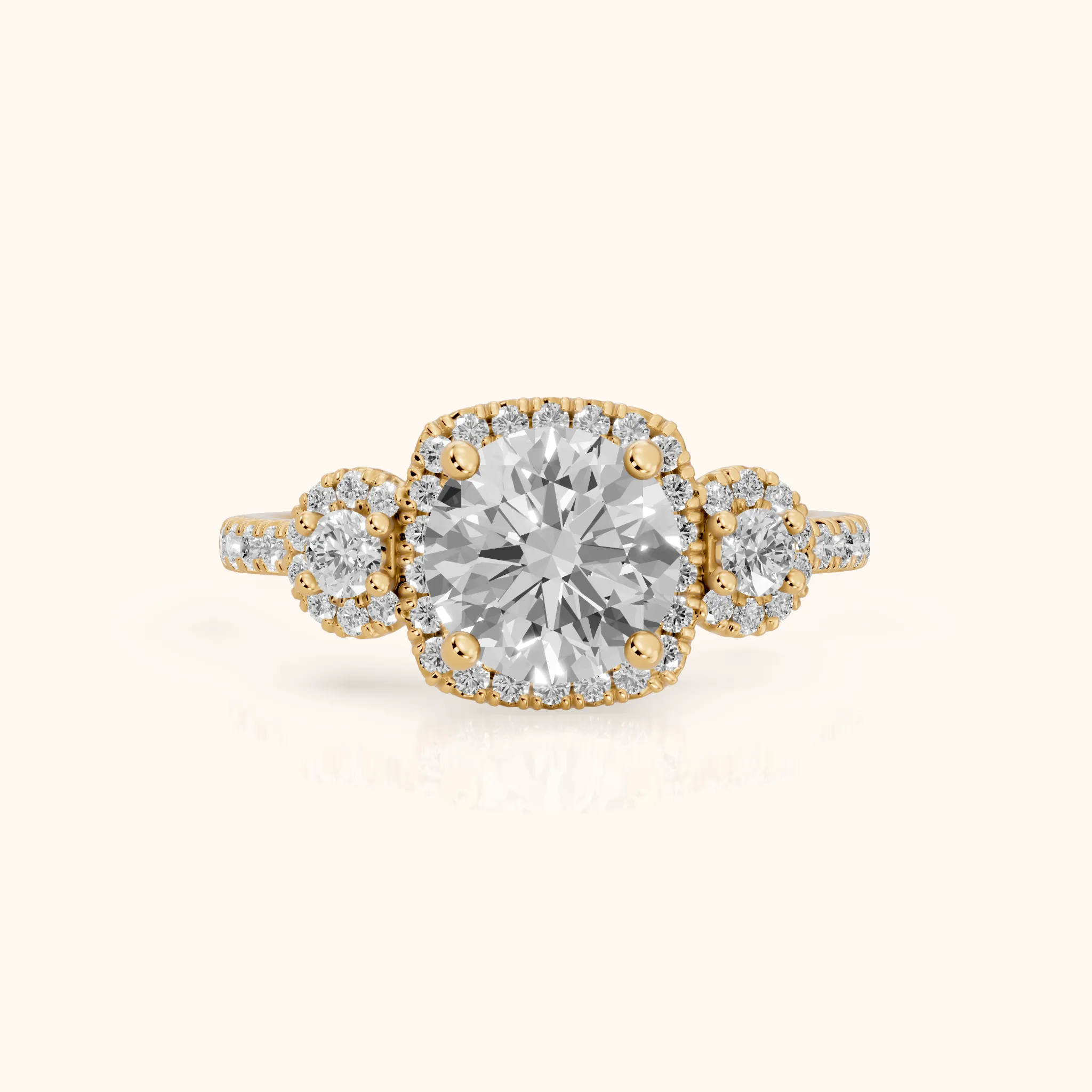 Denver Three-Stone Halo Round Diamond Engagement Ring in Yellow Gold — view 1