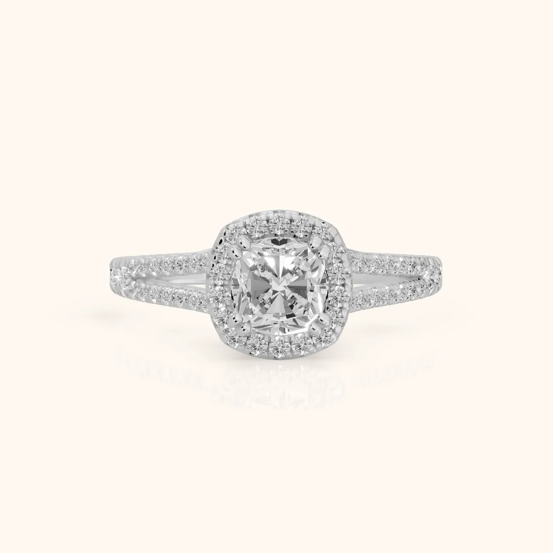 Dallas Halo Split Shank Cushion Diamond Engagement Ring in Platinum — view 2