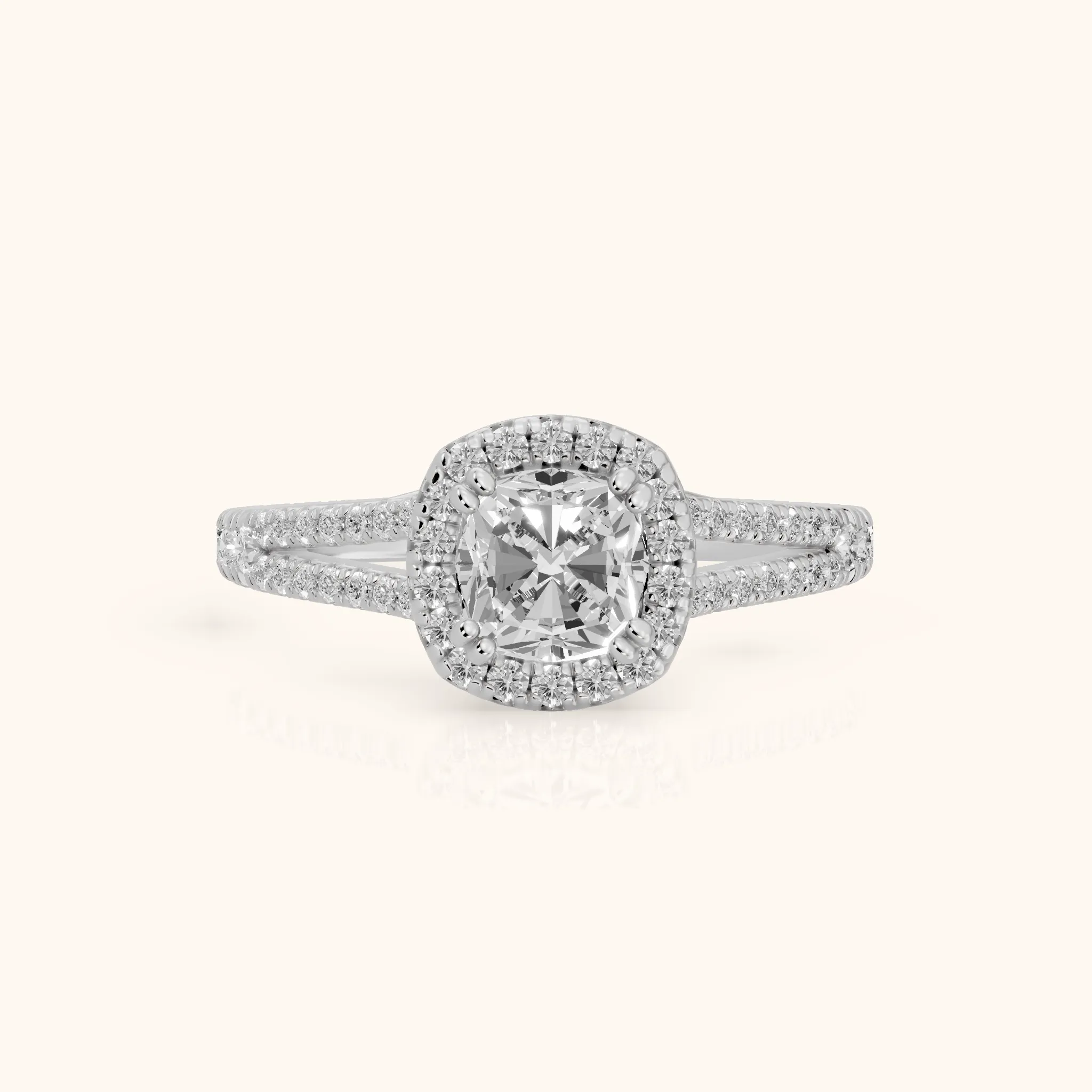 Dallas Halo Split Shank Cushion Diamond Engagement Ring in Platinum — view 1