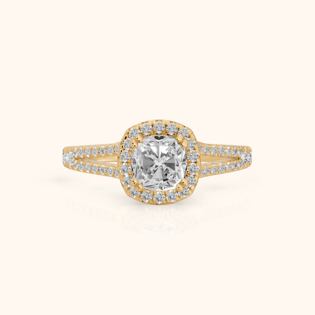 Dallas Halo Split Shank Cushion Diamond Engagement Ring in Yellow Gold — view 2