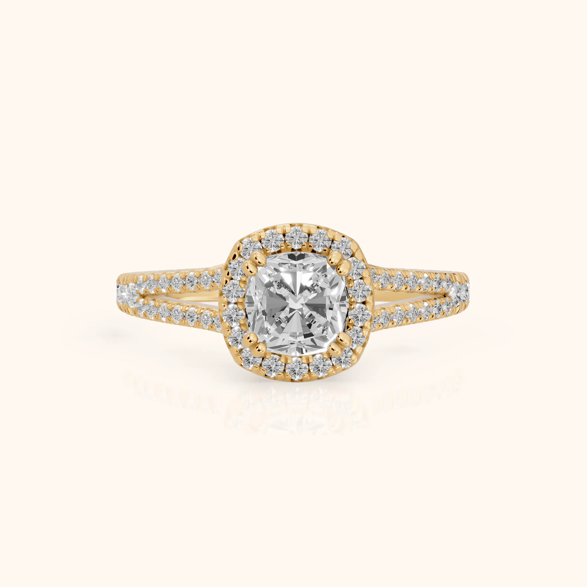Dallas Halo Split Shank Cushion Diamond Engagement Ring in Yellow Gold — view 1