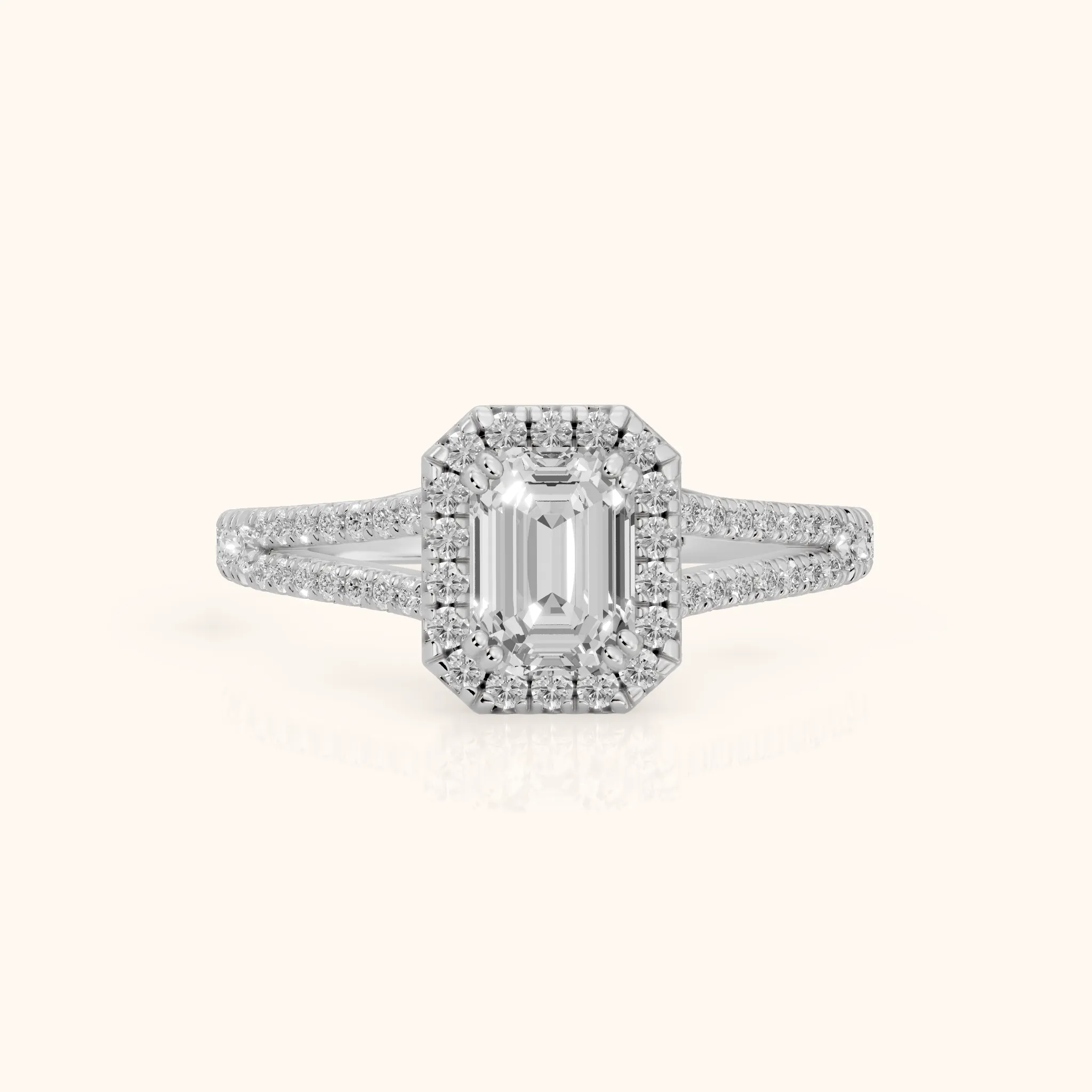 Dallas Halo Split Shank Emerald Diamond Engagement Ring in Platinum — view 1