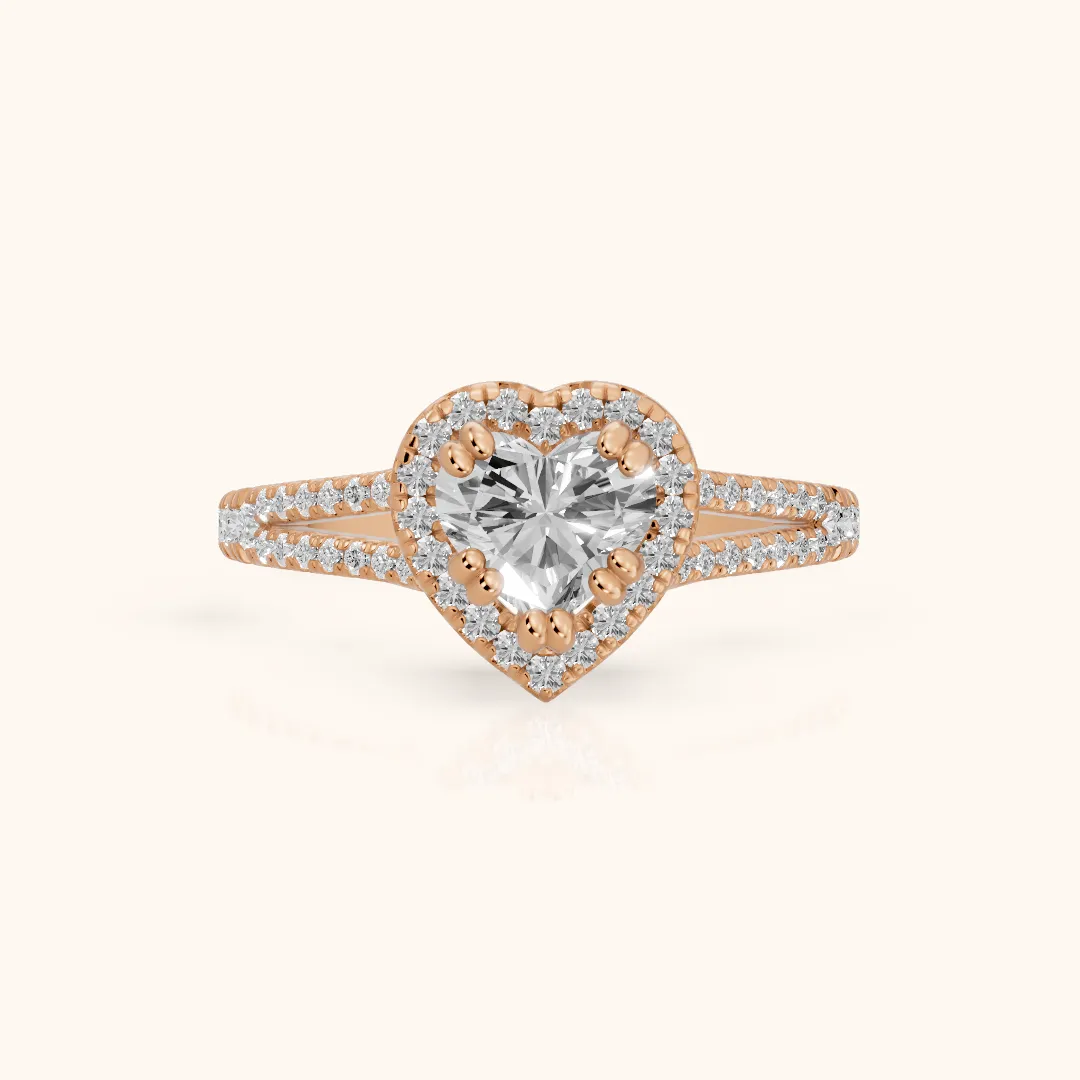 Dallas Halo Split Shank Heart Diamond Engagement Ring in Rose Gold — view 2