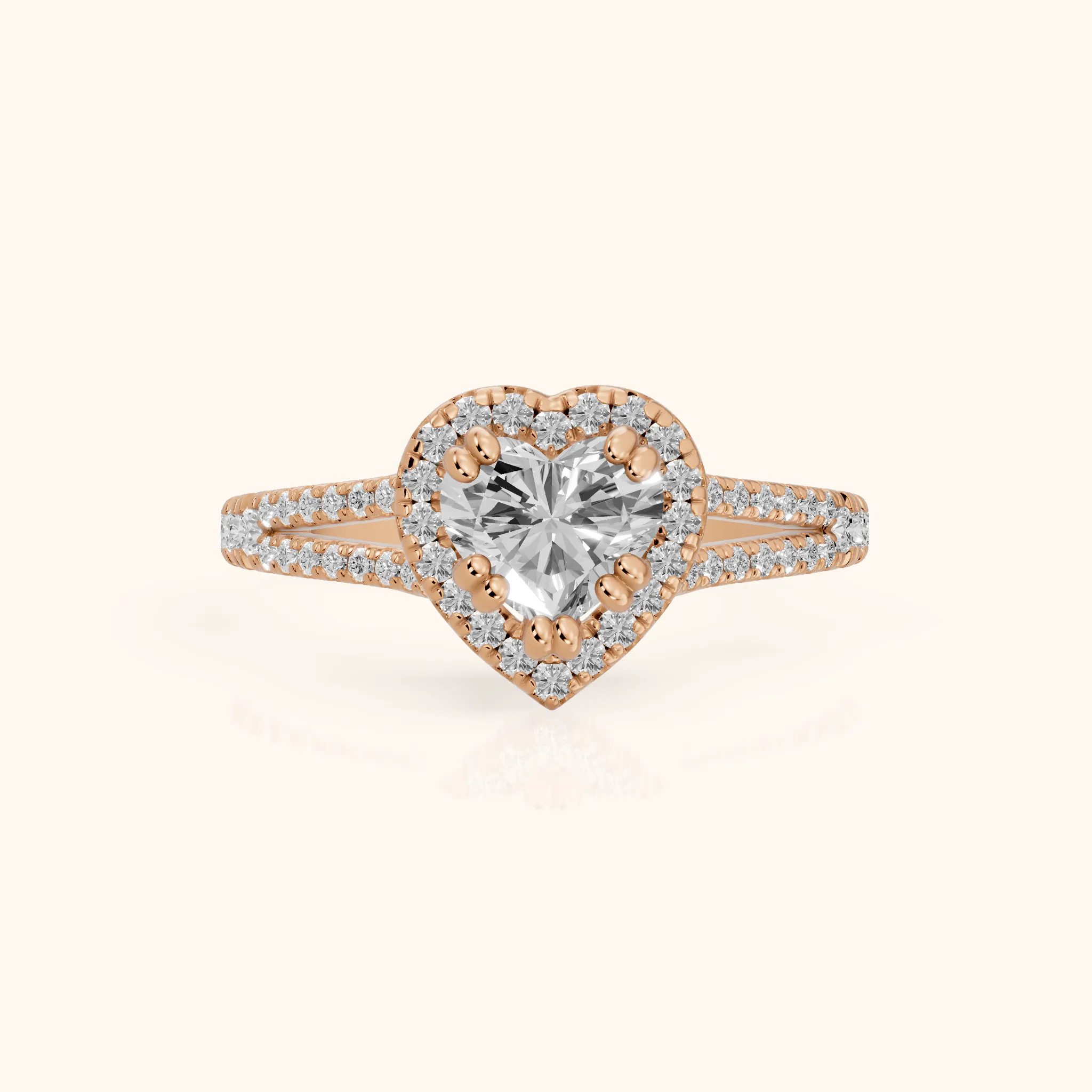 Dallas Halo Split Shank Heart Diamond Engagement Ring in Rose Gold — view 1