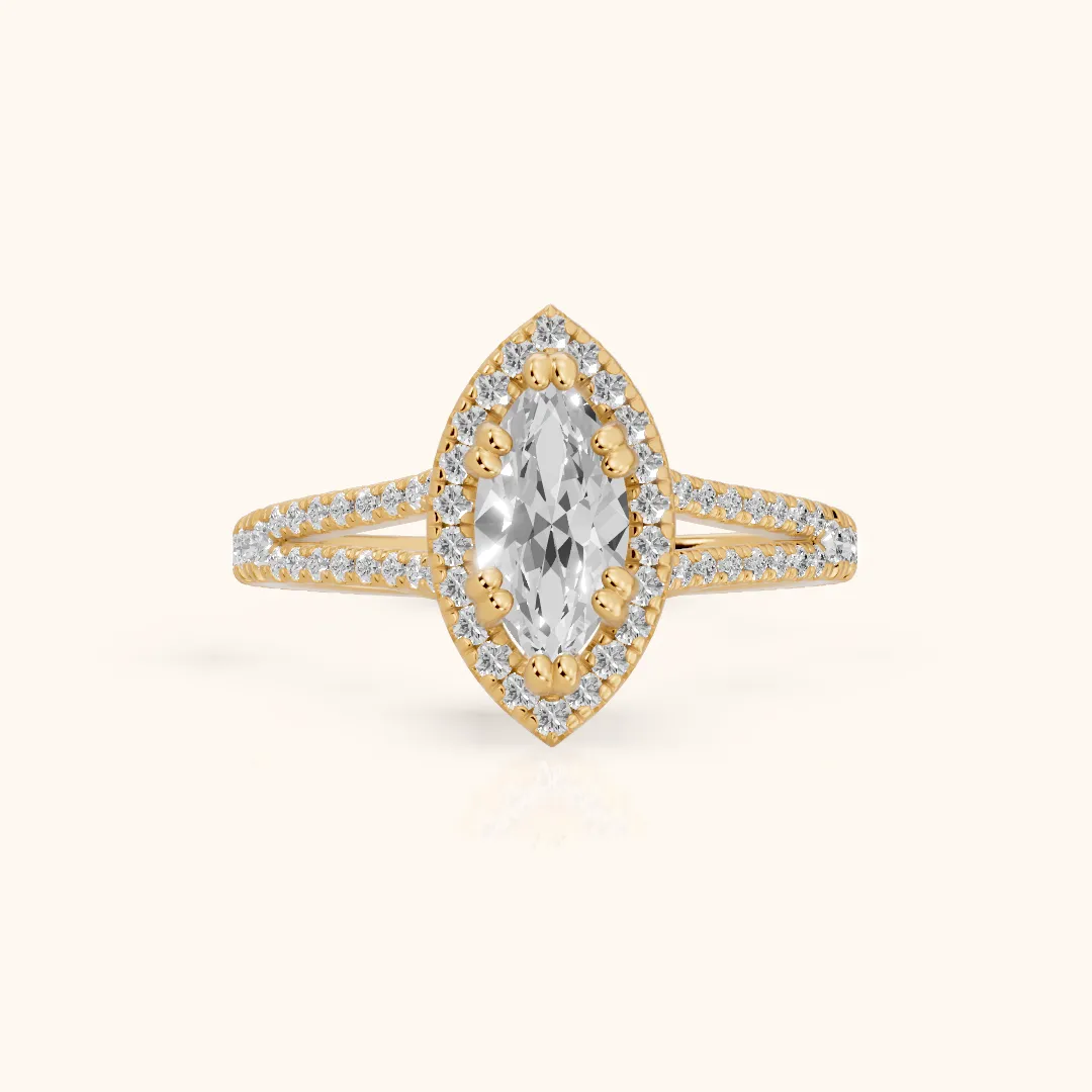 Dallas Halo Split Shank Marquise Diamond Engagement Ring in Yellow Gold — view 2