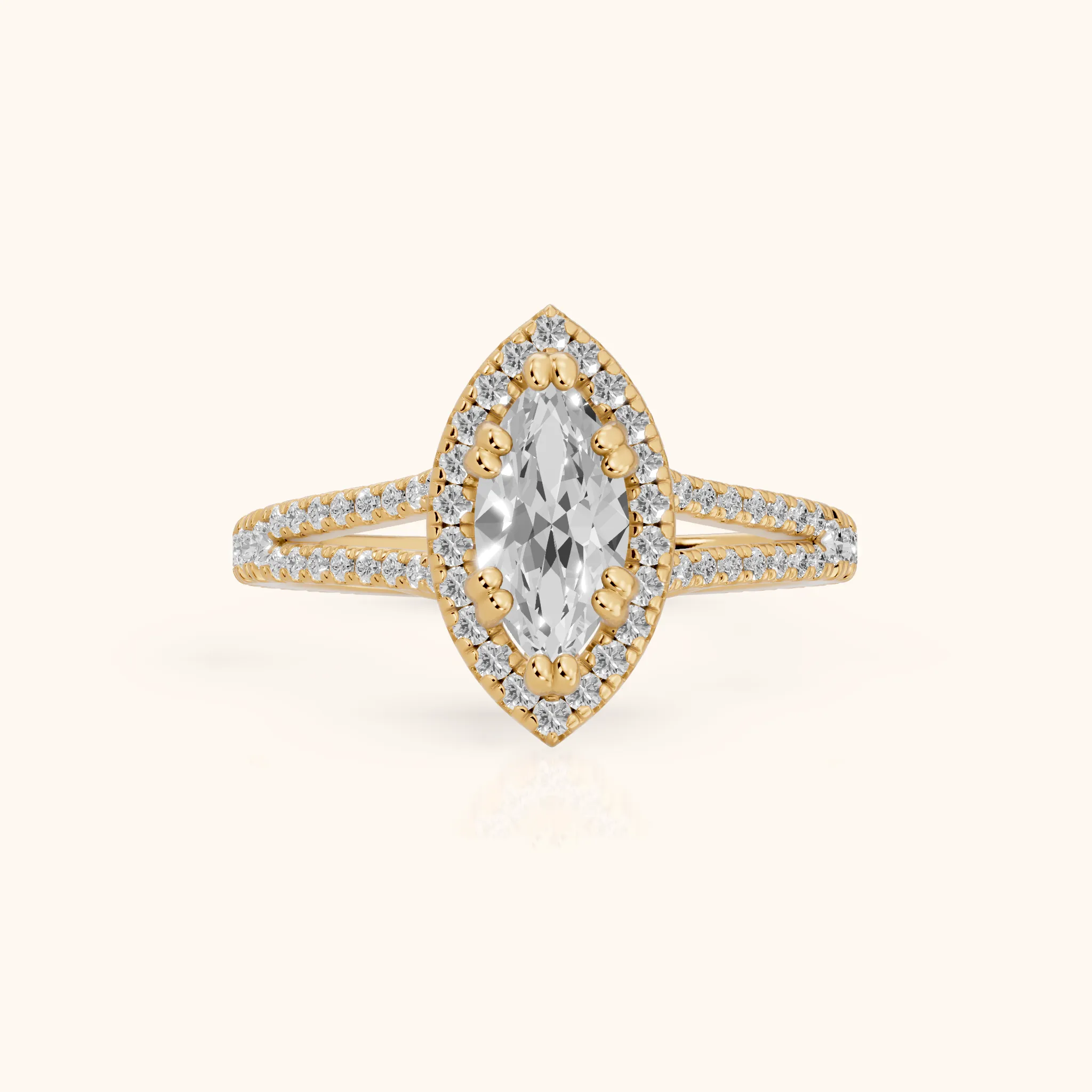Dallas Halo Split Shank Marquise Diamond Engagement Ring in Yellow Gold — view 1