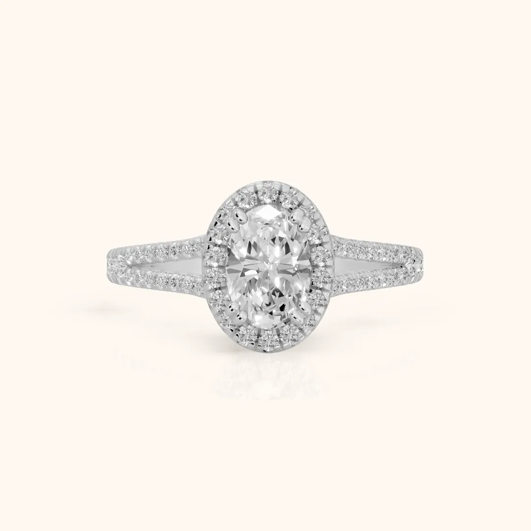 Dallas Halo Split Shank Oval Diamond Engagement Ring in Silver — view 2