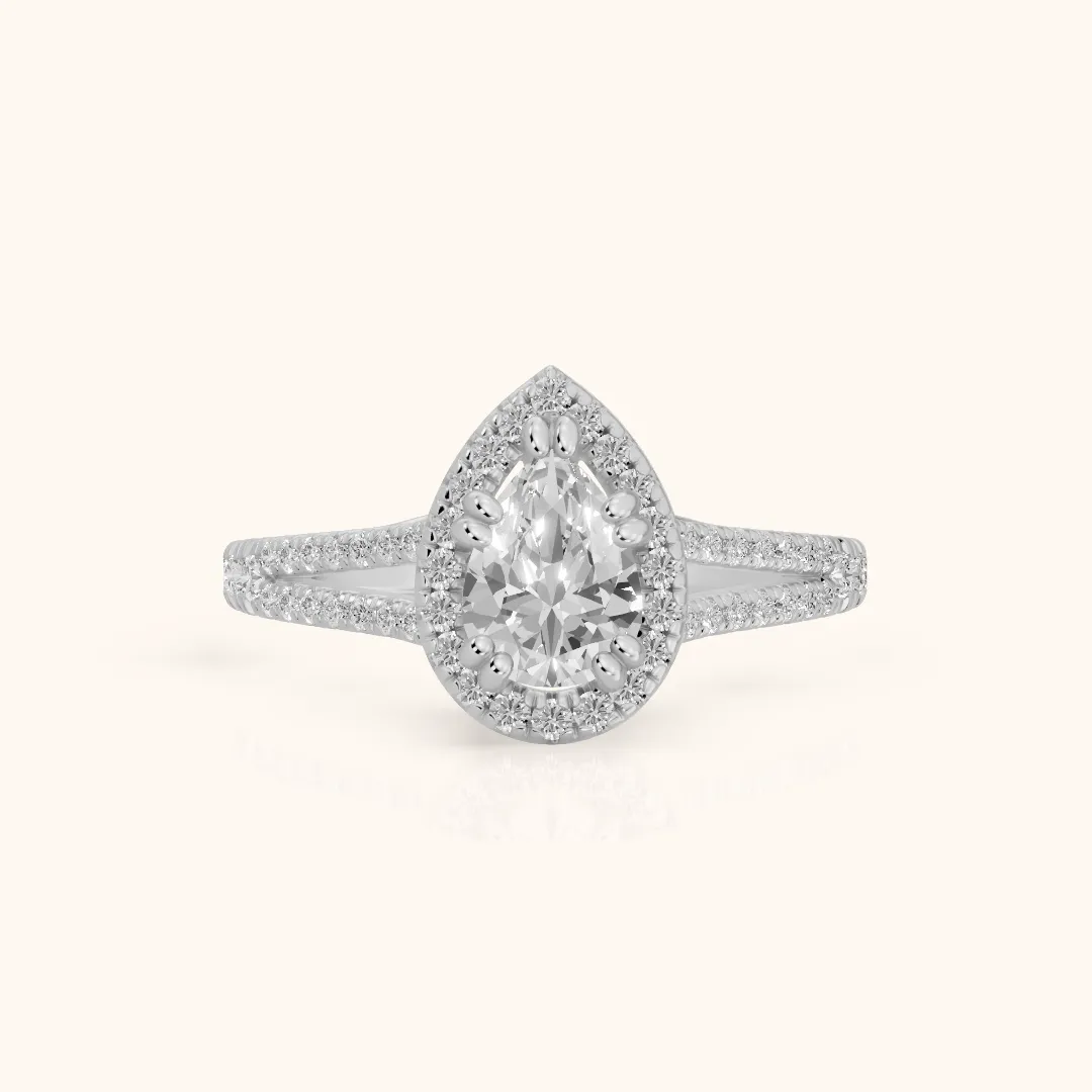 Dallas Halo Split Shank Pear Diamond Engagement Ring in Platinum — view 2