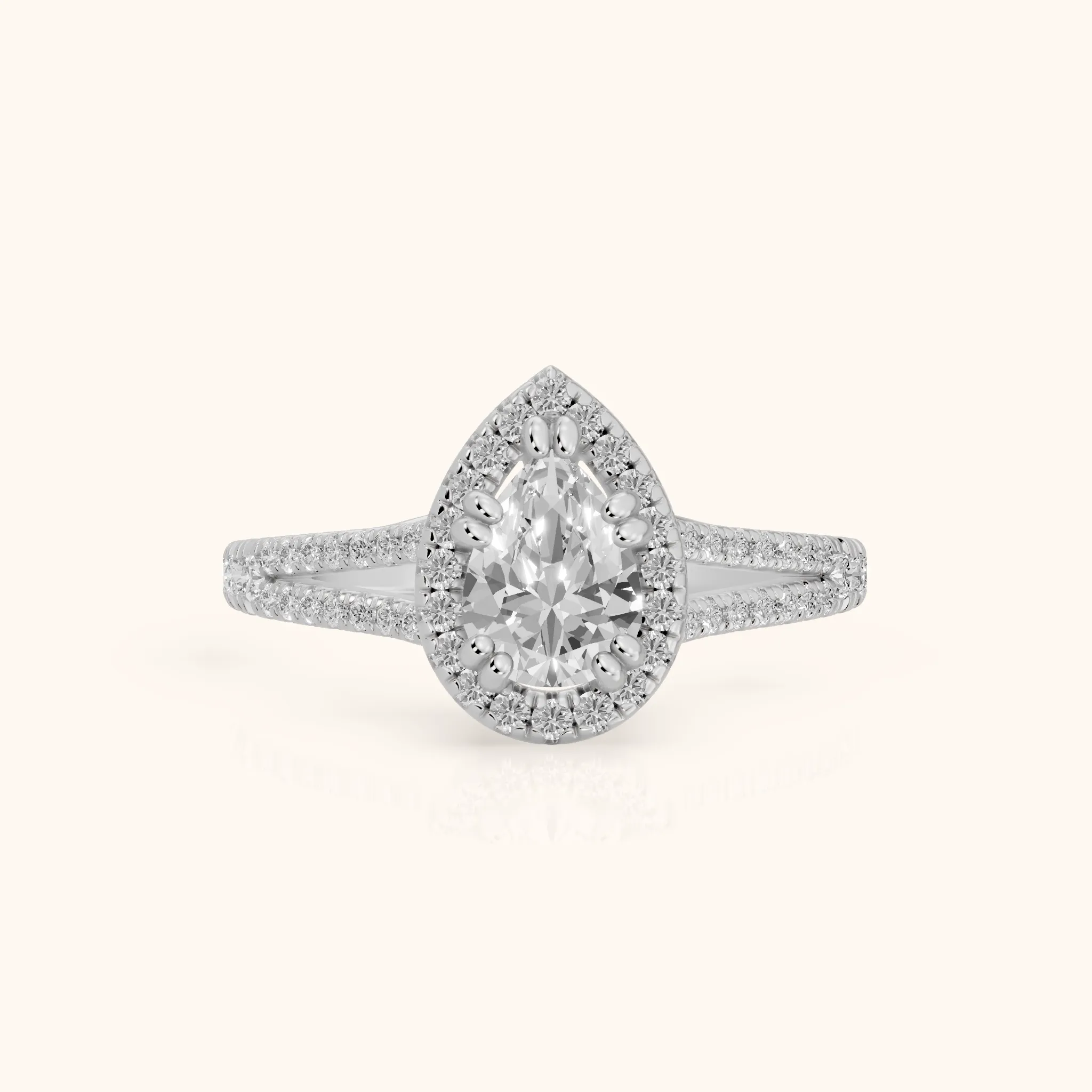 Dallas Halo Split Shank Pear Diamond Engagement Ring in Platinum — view 1