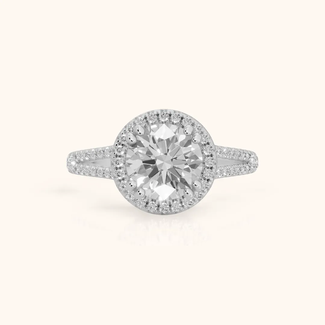 Dallas Halo Split Shank Round Diamond Engagement Ring in Silver — view 2
