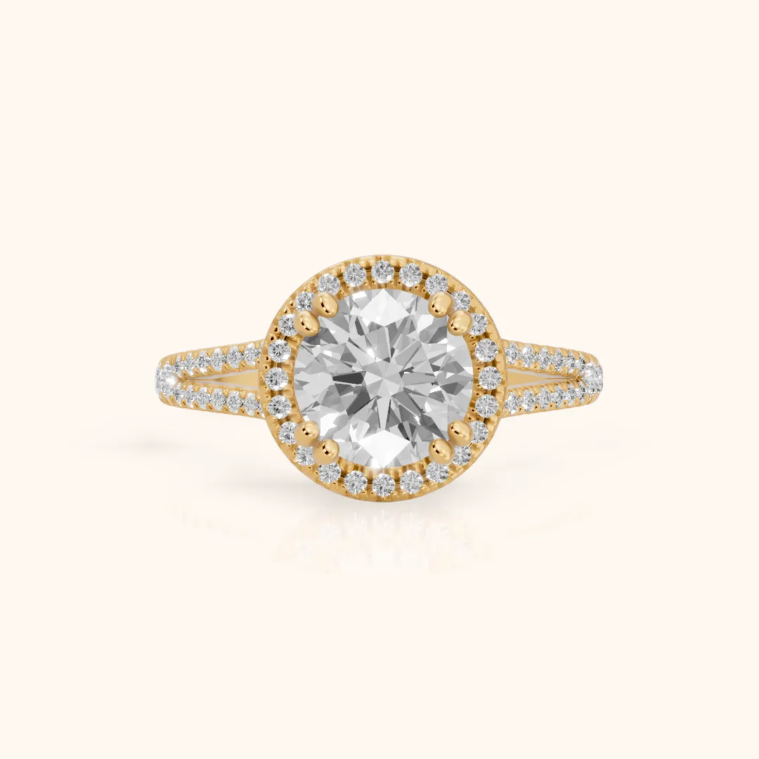 Dallas Halo Split Shank Round Diamond Engagement Ring in Yellow Gold — view 2
