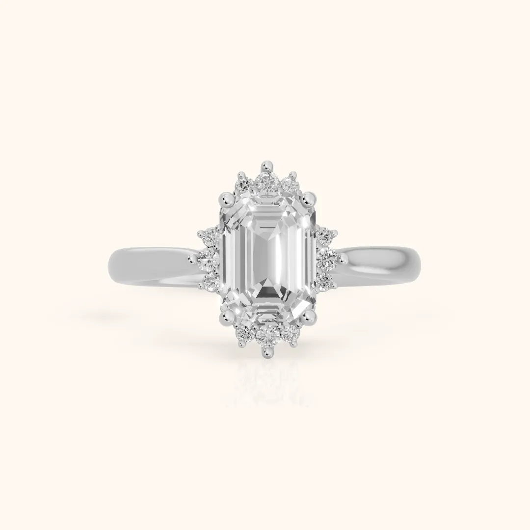Linden Starburst Cluster Emerald Diamond Engagement Ring in Silver — view 2