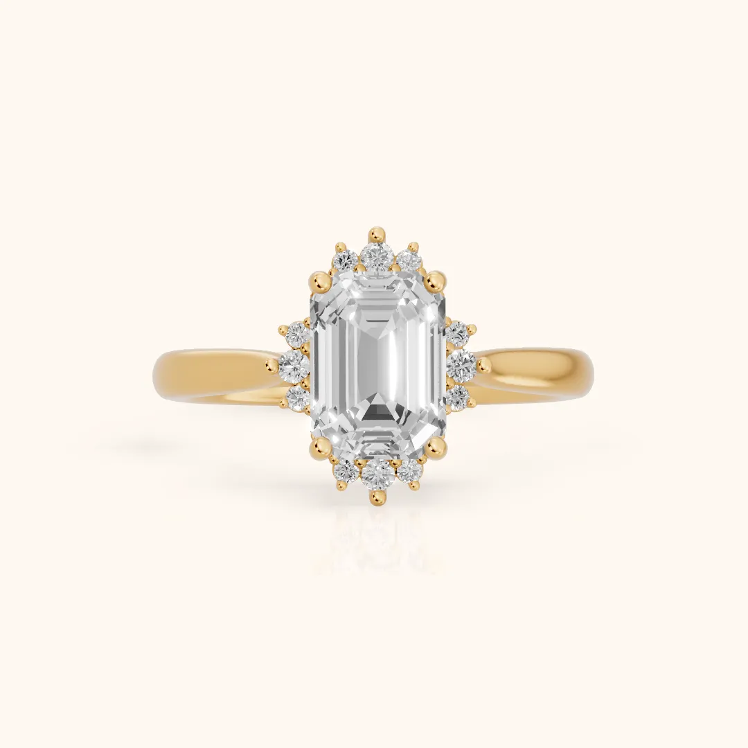 Linden Starburst Cluster Emerald Diamond Engagement Ring in Yellow Gold — view 2