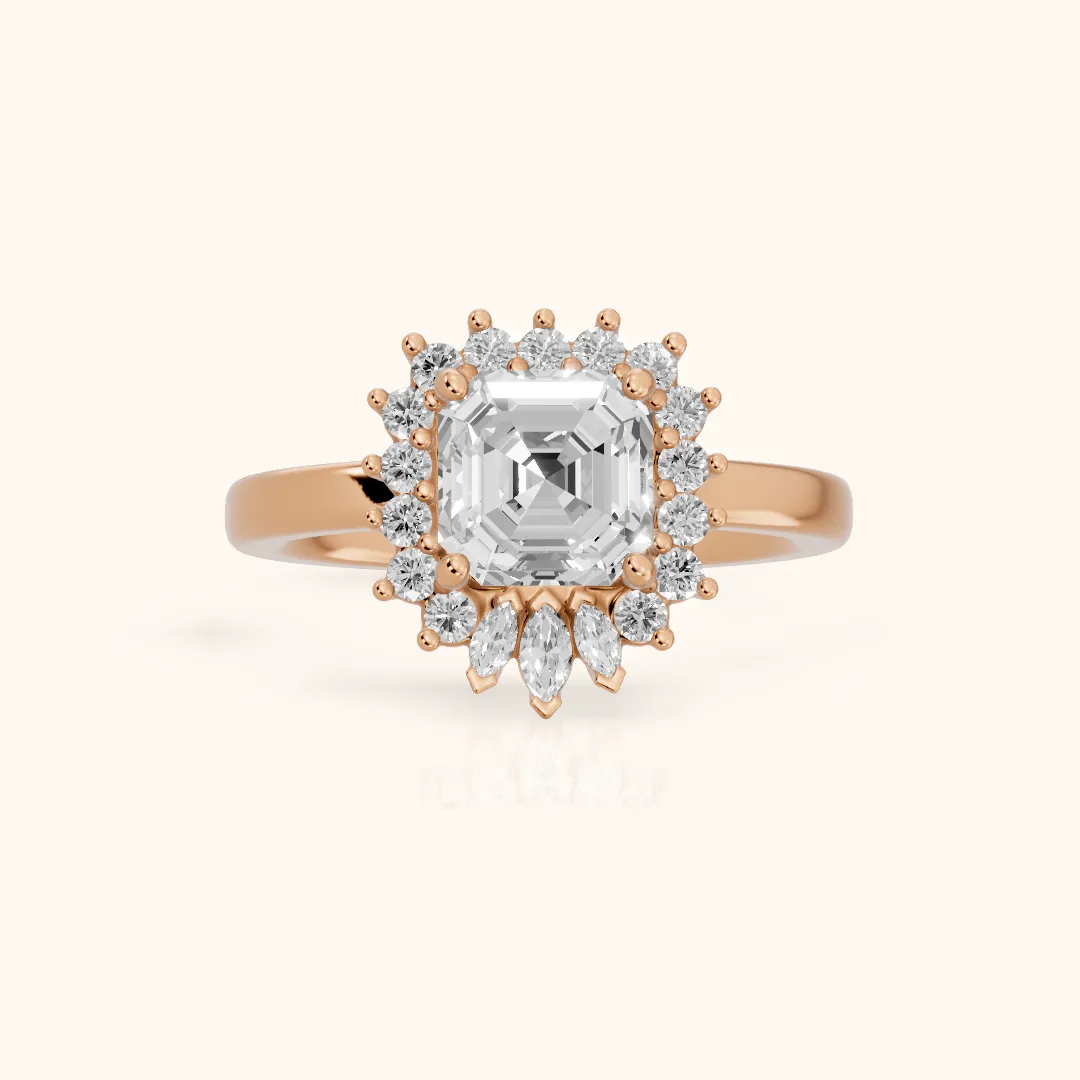 Roslyn Sunburst Halo Asscher Diamond Engagement Ring in Rose Gold — view 2