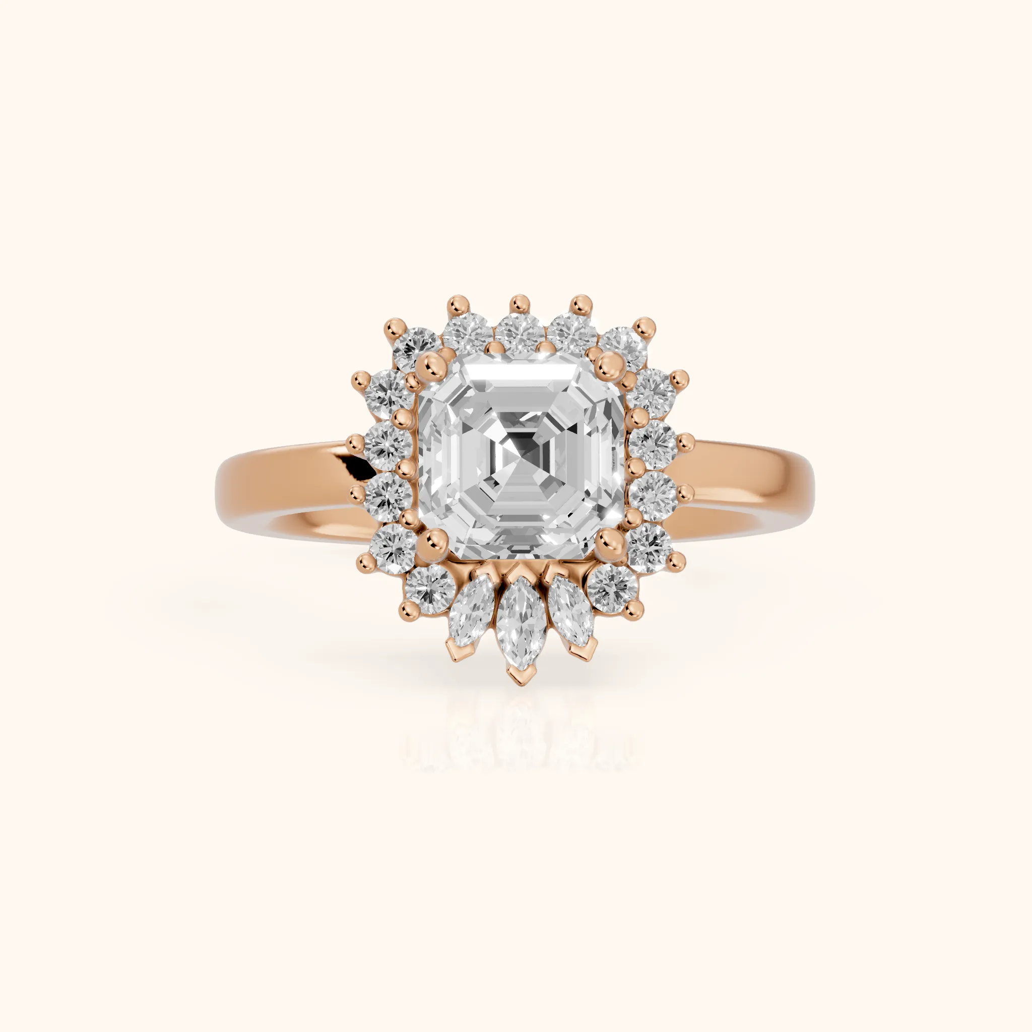 Roslyn Sunburst Halo Asscher Diamond Engagement Ring in Rose Gold — view 1