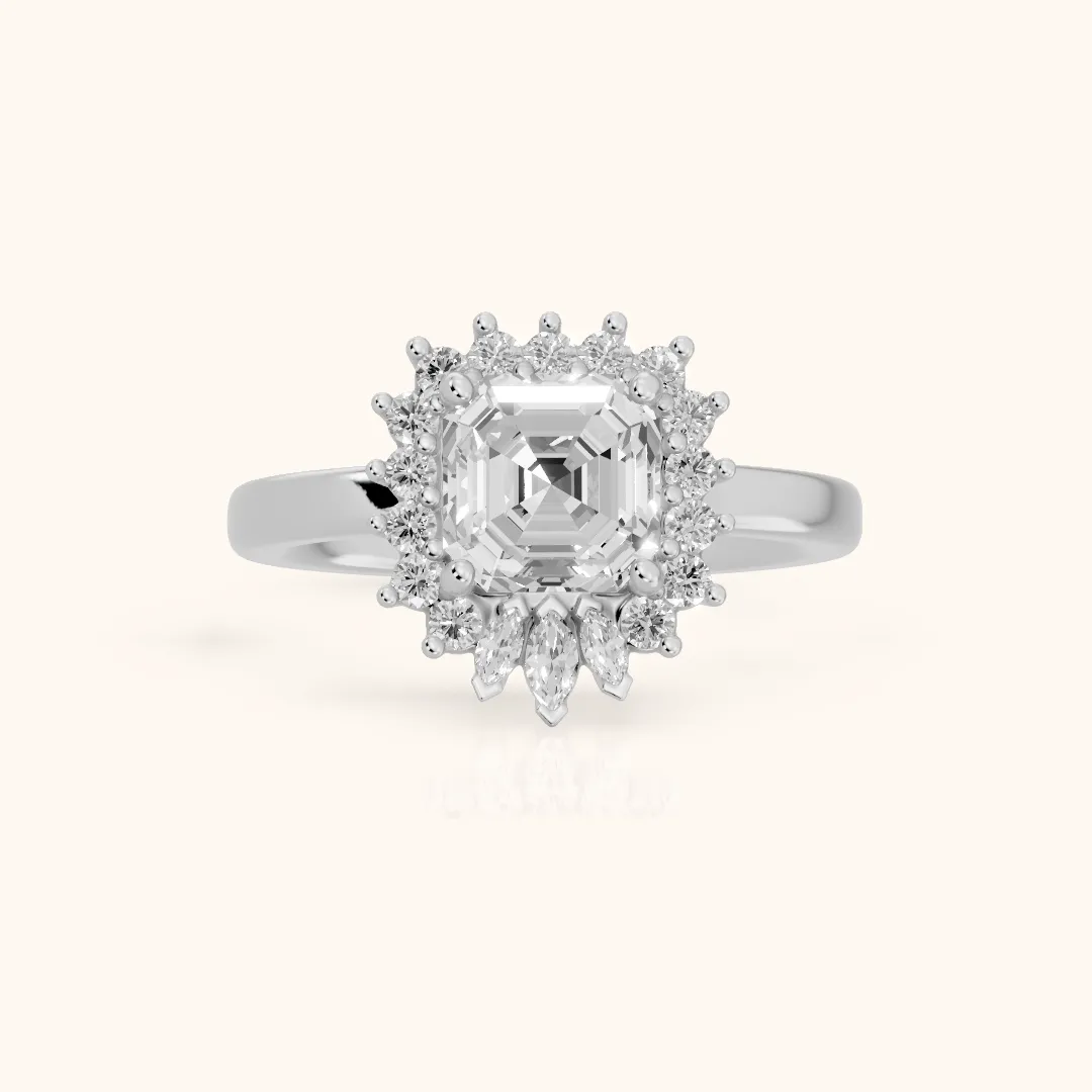 Roslyn Sunburst Halo Asscher Diamond Engagement Ring in Silver — view 2