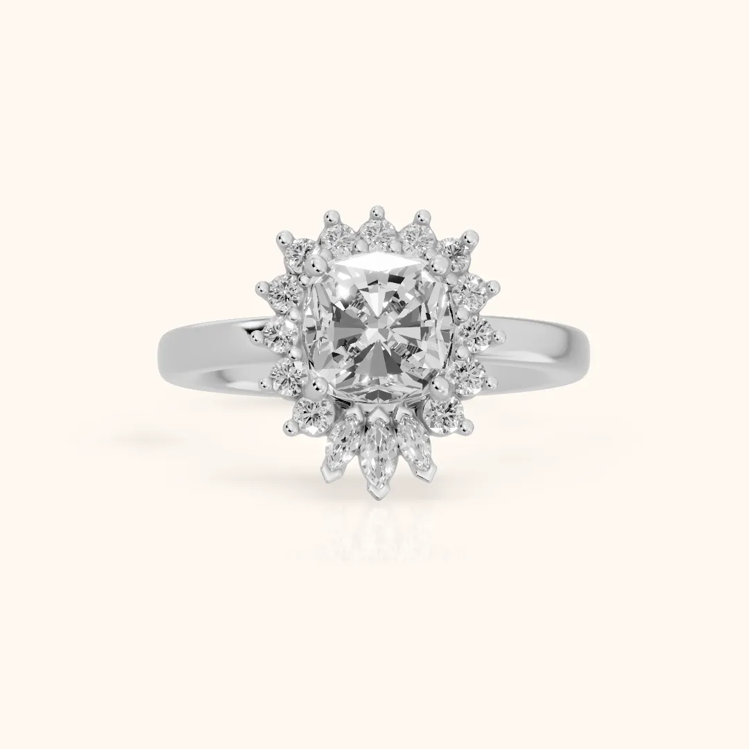 Roslyn Sunburst Halo Cushion Diamond Engagement Ring in Silver — view 2
