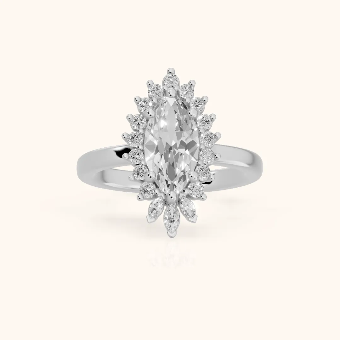 Roslyn Sunburst Halo Marquise Diamond Engagement Ring in Silver — view 2