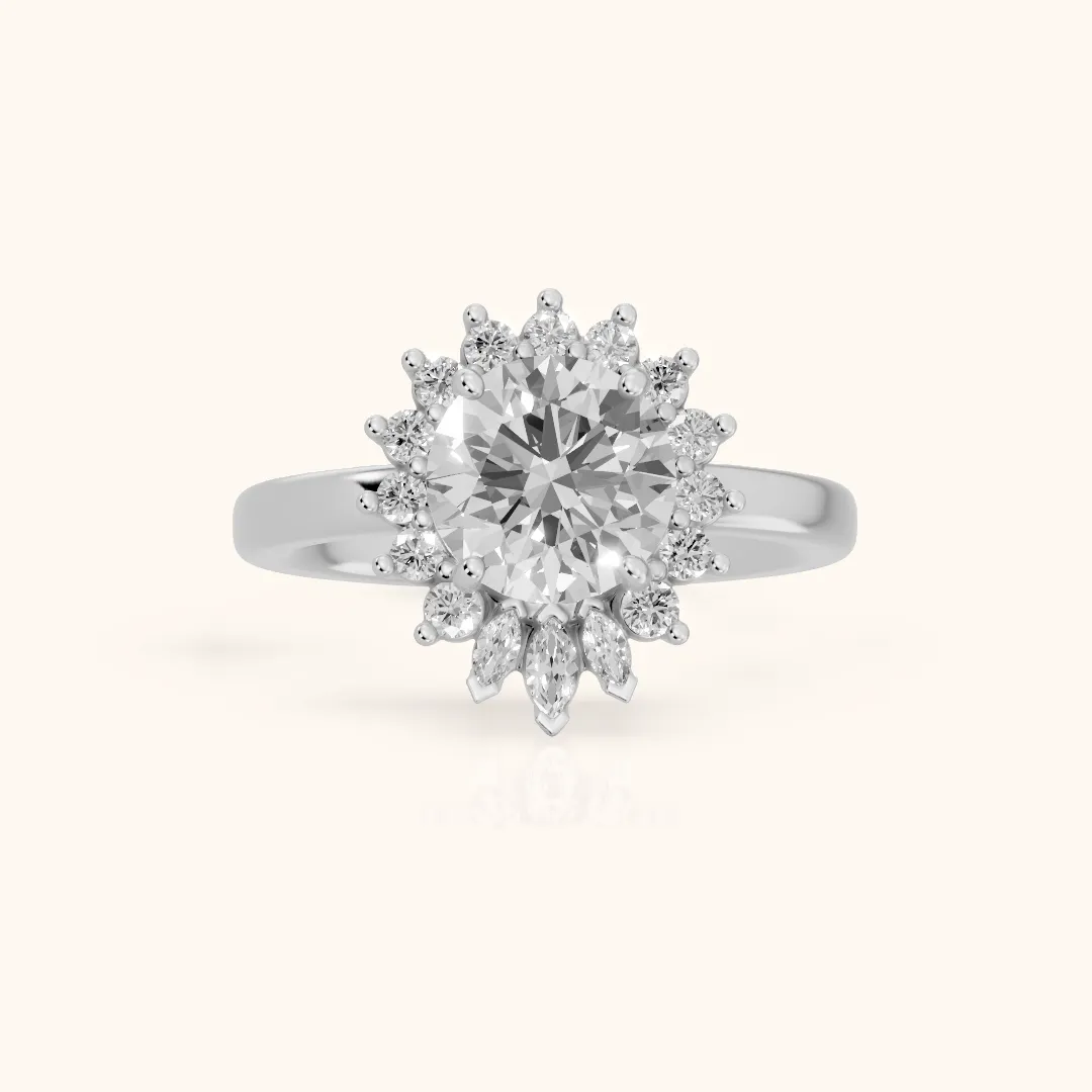 Roslyn Sunburst Halo Round Diamond Engagement Ring in White Gold — view 2