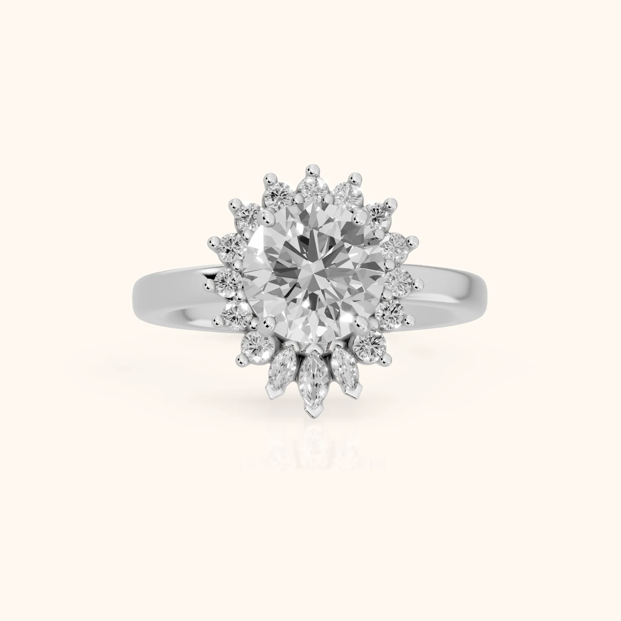 Roslyn Sunburst Halo Round Diamond Engagement Ring in White Gold — view 1