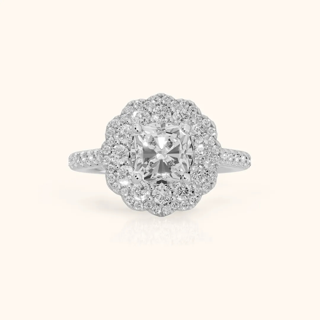 Sidney Floral Double Halo Cushion Diamond Engagement Ring in White Gold — view 2