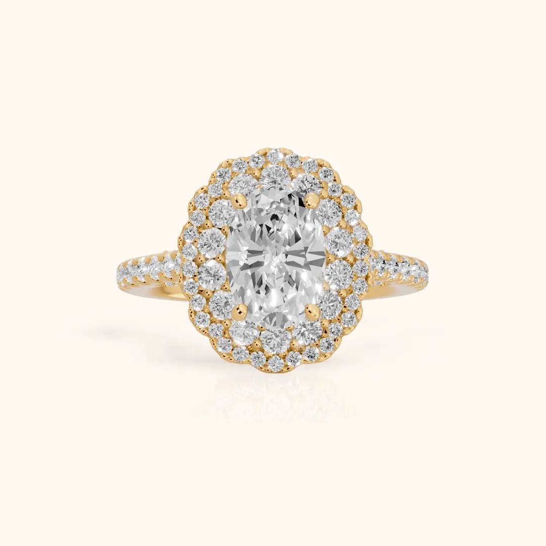 Sidney Floral Double Halo Oval Diamond Engagement Ring in Yellow Gold — view 2