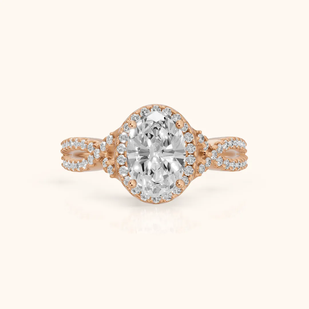Calais Twist Halo Oval Diamond Engagement Ring in Rose Gold — view 2