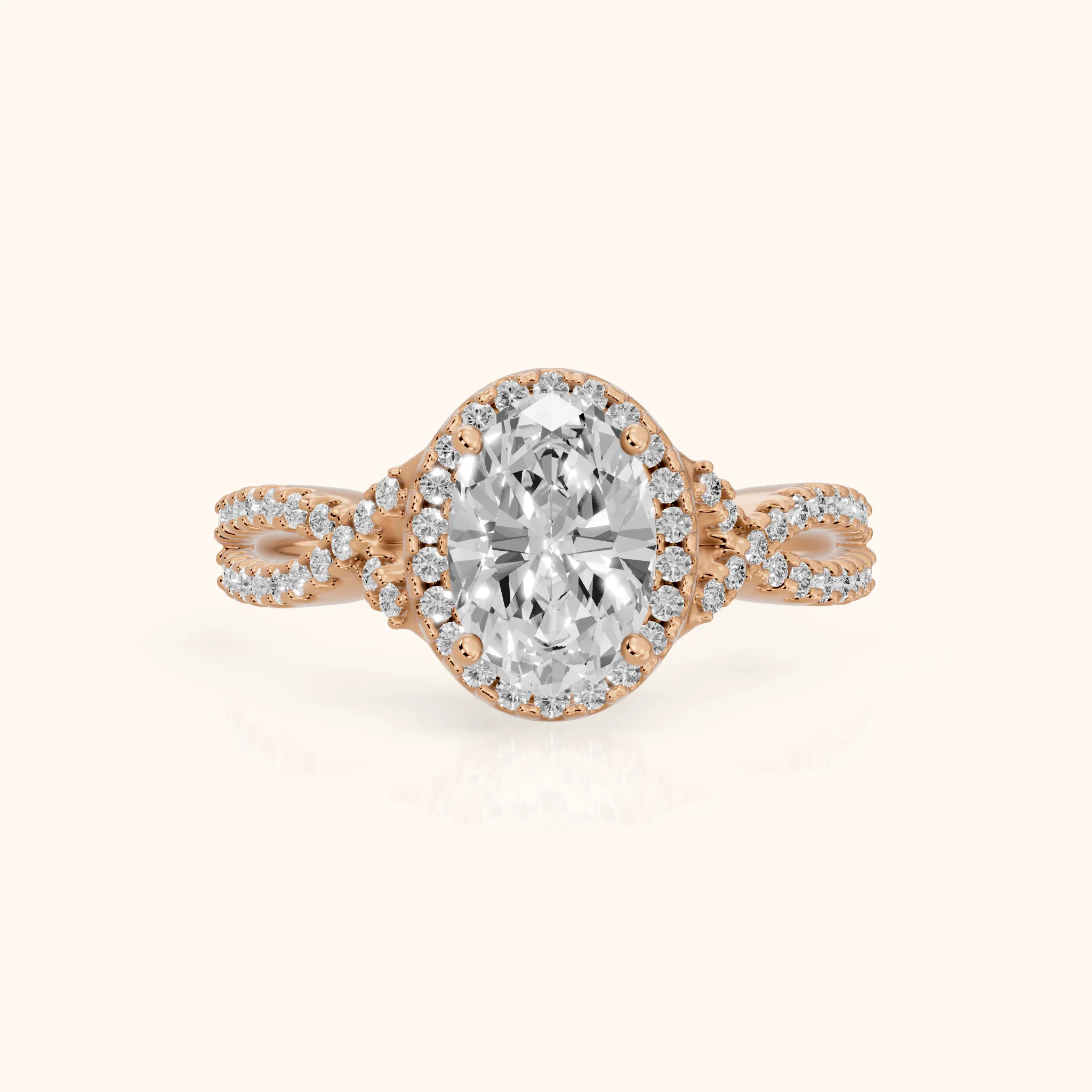 Calais Twist Halo Oval Diamond Engagement Ring in Rose Gold — view 1
