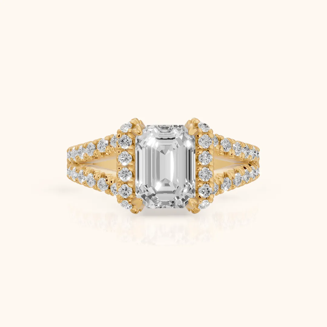 Delray Split Shank Pavé Emerald Diamond Engagement Ring in Yellow Gold — view 2