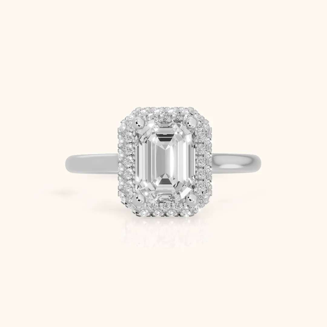 Destin Halo Micropavé Emerald Diamond Engagement Ring in Platinum — view 2