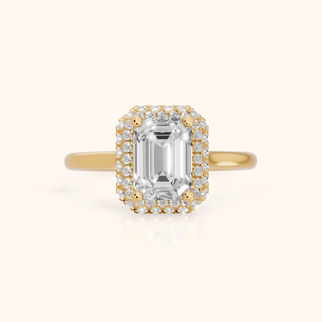 Destin Halo Micropavé Emerald Diamond Engagement Ring in Yellow Gold — view 2