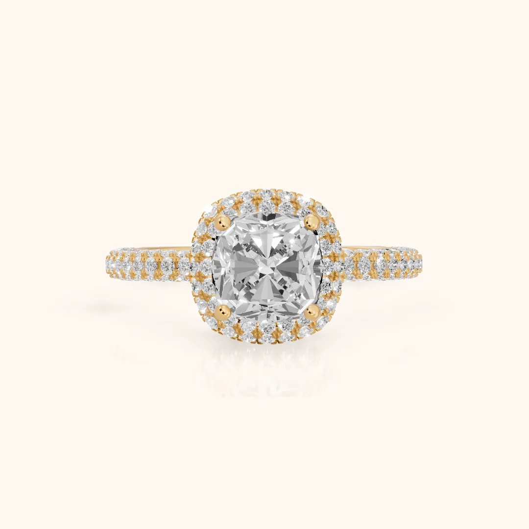 Fallon Halo Micropavé Cushion Diamond Engagement Ring in Yellow Gold — view 2