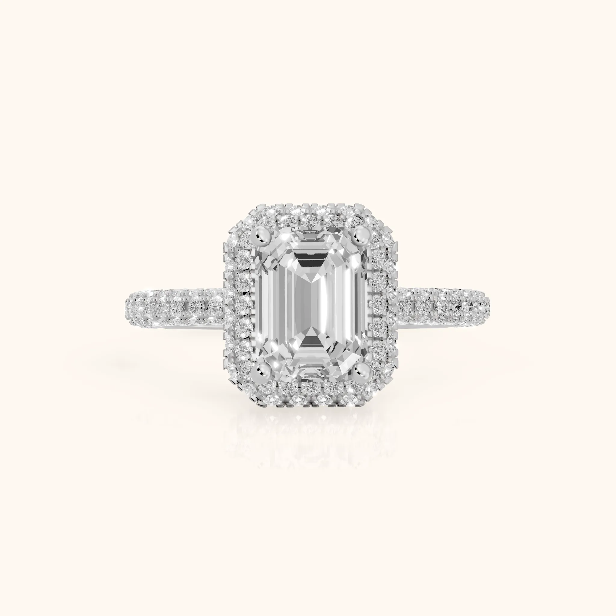 Fallon Halo Micropavé Emerald Diamond Engagement Ring in White Gold — view 1