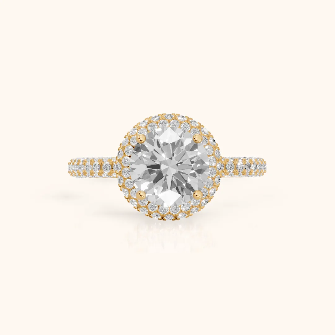 Fallon Halo Micropavé Round Diamond Engagement Ring in Yellow Gold — view 2