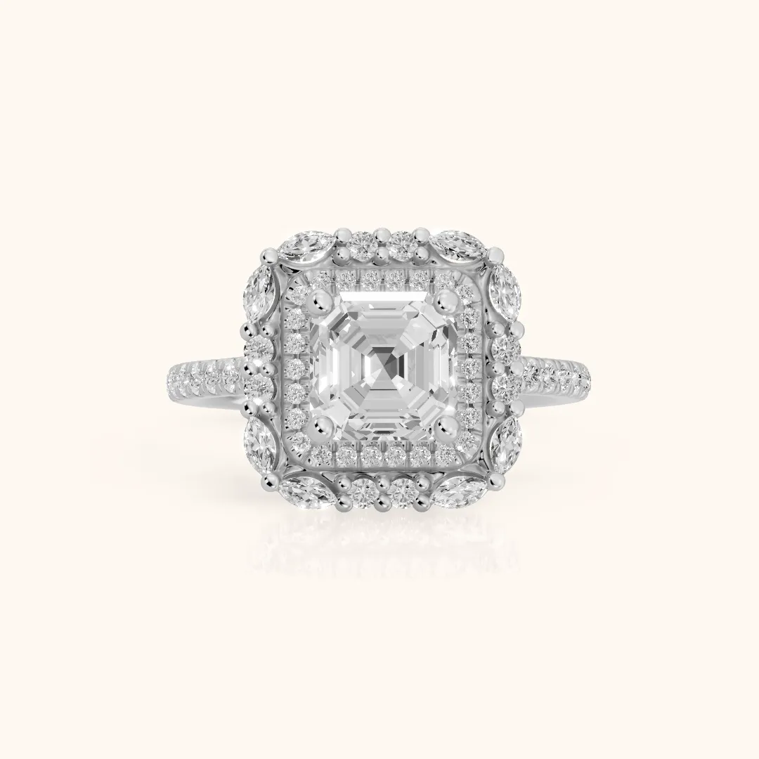 Lyndon Floral Double Halo Asscher Diamond Engagement Ring in Platinum — view 2
