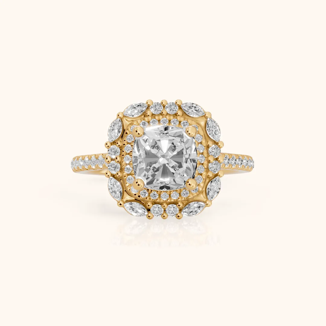 Lyndon Floral Double Halo Cushion Diamond Engagement Ring in Yellow Gold — view 2