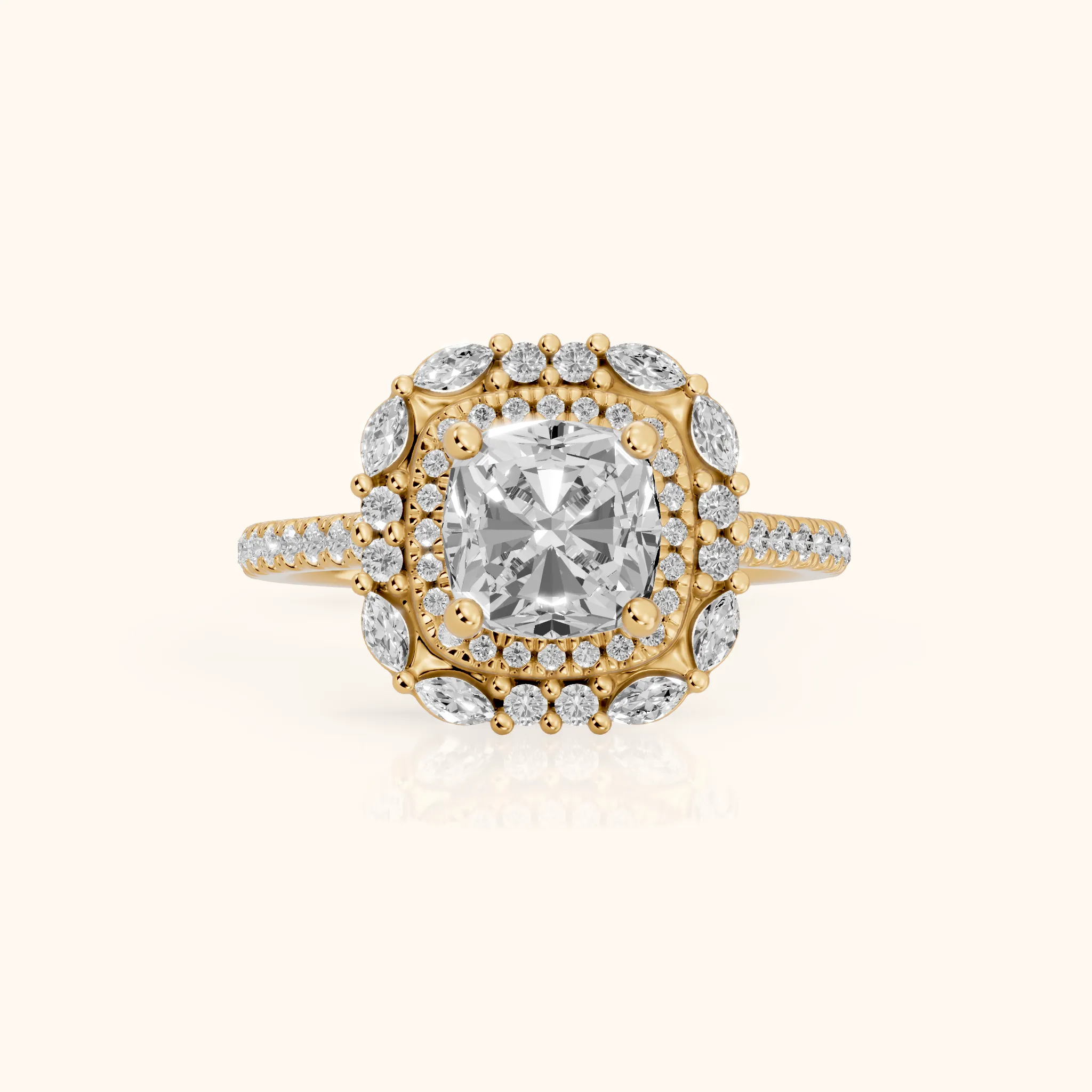Lyndon Floral Double Halo Cushion Diamond Engagement Ring in Yellow Gold — view 1